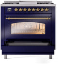 ILVE Nostalgie II 36-Inch Dual Fuel Freestanding Range with Removable Griddle in Midnight Blue with Brass Trim (UP36FNMPMBG)