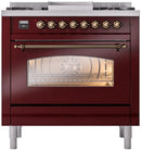 ILVE Nostalgie II 36-Inch Dual Fuel Freestanding Range with Removable Griddle in Burgundy with Bronze Trim (UP36FNMPBUB)