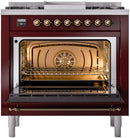 ILVE Nostalgie II 36-Inch Dual Fuel Freestanding Range with Removable Griddle in Burgundy with Bronze Trim (UP36FNMPBUB)