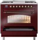 ILVE Nostalgie II 36-Inch Dual Fuel Freestanding Range with Removable Griddle in Burgundy with Bronze Trim (UP36FNMPBUB)