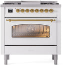 ILVE Nostalgie II 36-Inch Dual Fuel Freestanding Range with Removable Griddle in White with Brass Trim (UP36FNMPWHG)