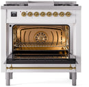 ILVE Nostalgie II 36-Inch Dual Fuel Freestanding Range with Removable Griddle in White with Brass Trim (UP36FNMPWHG)