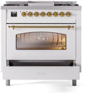 ILVE Nostalgie II 36-Inch Dual Fuel Freestanding Range with Removable Griddle in White with Brass Trim (UP36FNMPWHG)