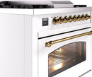 ILVE Nostalgie II 36-Inch Dual Fuel Freestanding Range with Removable Griddle in White with Brass Trim (UP36FNMPWHG)