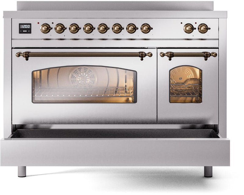 ILVE Nostalgie II 48-Inch Freestanding Electric Induction Range in Stainless Steel with Bronze Trim (UPI486NMPSSB)