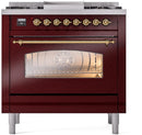 ILVE Nostalgie II 36-Inch Dual Fuel Freestanding Range with Removable Griddle in Burgundy with Brass Trim (UP36FNMPBUG)