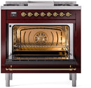 ILVE Nostalgie II 36-Inch Dual Fuel Freestanding Range with Removable Griddle in Burgundy with Brass Trim (UP36FNMPBUG)