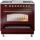 ILVE Nostalgie II 36-Inch Dual Fuel Freestanding Range with Removable Griddle in Burgundy with Brass Trim (UP36FNMPBUG)