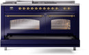 ILVE Nostalgie II 60-Inch Dual Fuel Freestanding Range with Removable Griddle in Midnight Blue with Brass Trim (UP60FSNMPMBG)