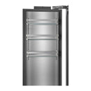 Stainless freezer interior with wire shelves and rails, open door view.