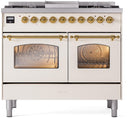 ILVE Nostalgie II 40-Inch Dual Fuel Freestanding Range with Removable Griddle in Antique White with Brass Trim (UPD40FNMPAWG)