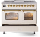 ILVE Nostalgie II 40-Inch Dual Fuel Freestanding Range with Removable Griddle in Antique White with Brass Trim (UPD40FNMPAWG)