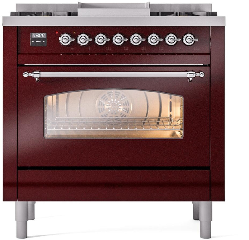 ILVE Nostalgie II 36-Inch Dual Fuel Freestanding Range in Burgundy with Chrome Trim (UP36FNMPBUC)