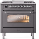 ILVE Nostalgie II 36-Inch Dual Fuel Freestanding Range with Removable Griddle in Matte Graphite with Chrome Trim (UP36FNMPMGC)