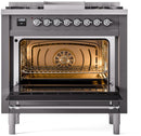 ILVE Nostalgie II 36-Inch Dual Fuel Freestanding Range with Removable Griddle in Matte Graphite with Chrome Trim (UP36FNMPMGC)