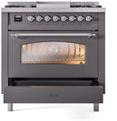 ILVE Nostalgie II 36-Inch Dual Fuel Freestanding Range with Removable Griddle in Matte Graphite with Chrome Trim (UP36FNMPMGC)