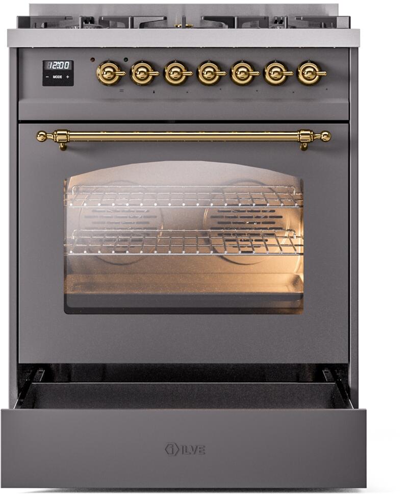 ILVE Nostalgie II 30-Inch Dual Fuel Freestanding Range in Matte Graphite with Brass Trim (UP30NMPMGG)