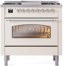 ILVE Nostalgie II 36-Inch Dual Fuel Freestanding Range with Removable Griddle in Antique White with Chrome Trim (UP36FNMPAWC)