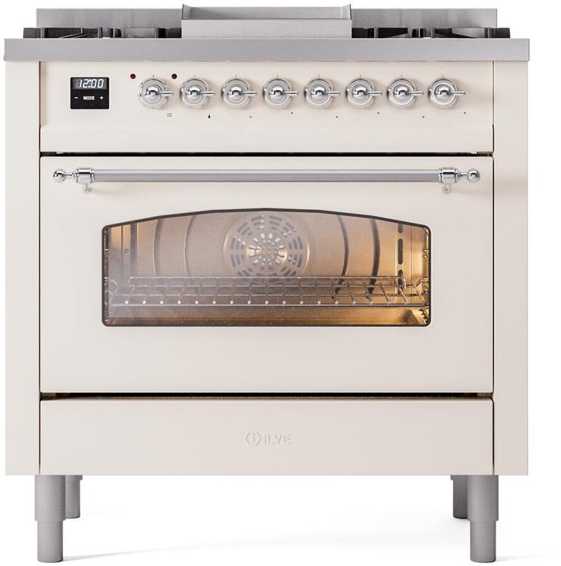 ILVE Nostalgie II 36-Inch Dual Fuel Freestanding Range with Removable Griddle in Antique White with Chrome Trim (UP36FNMPAWC)