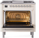 ILVE Nostalgie II 36-Inch Dual Fuel Freestanding Range with Removable Griddle in Antique White with Chrome Trim (UP36FNMPAWC)