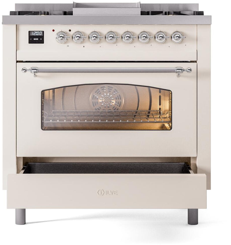 ILVE Nostalgie II 36-Inch Dual Fuel Freestanding Range with Removable Griddle in Antique White with Chrome Trim (UP36FNMPAWC)