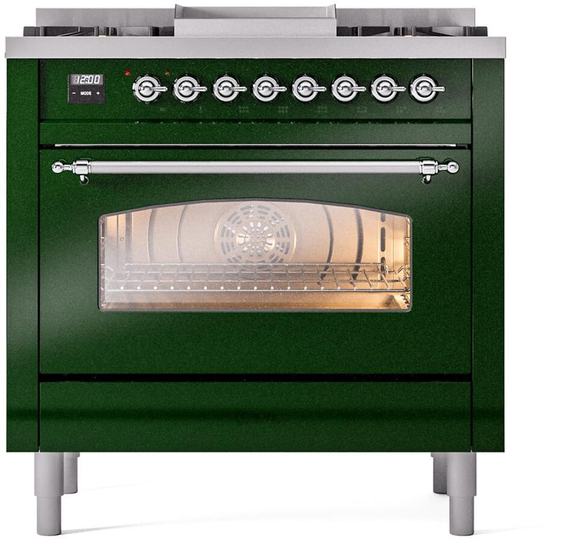 ILVE Nostalgie II 36-Inch Dual Fuel Freestanding Range  with Removable Griddle in Emerald Green with Chrome Trim (UP36FNMPEGC)