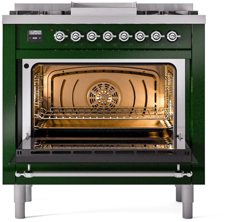 ILVE Nostalgie II 36-Inch Dual Fuel Freestanding Range  with Removable Griddle in Emerald Green with Chrome Trim (UP36FNMPEGC)