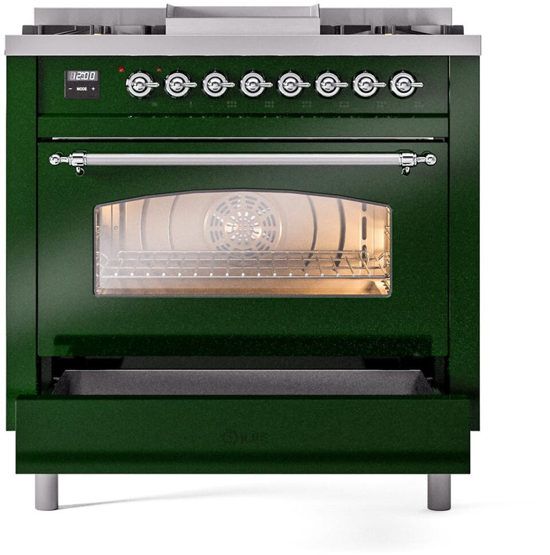 ILVE Nostalgie II 36-Inch Dual Fuel Freestanding Range  with Removable Griddle in Emerald Green with Chrome Trim (UP36FNMPEGC)