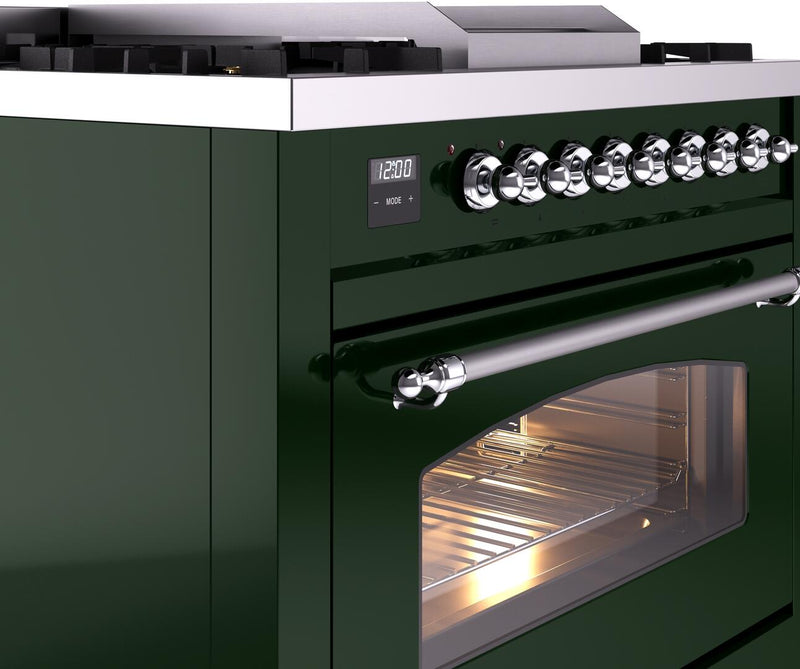 ILVE Nostalgie II 36-Inch Dual Fuel Freestanding Range  with Removable Griddle in Emerald Green with Chrome Trim (UP36FNMPEGC)