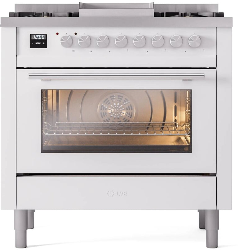 ILVE Professional Plus II 36-Inch Freestanding Dual Fuel Range with 6 Sealed Burner and Removable Griddle in White (UP36FWMPWH)