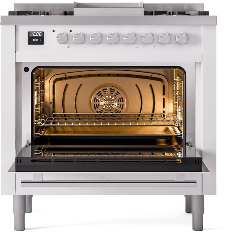 ILVE Professional Plus II 36-Inch Freestanding Dual Fuel Range with 6 Sealed Burner and Removable Griddle in White (UP36FWMPWH)
