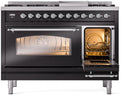ILVE Nostalgie II 48-Inch Dual Fuel Freestanding Range with Removable Griddle in Glossy Black with Chrome Trim (UP48FNMPBKC)