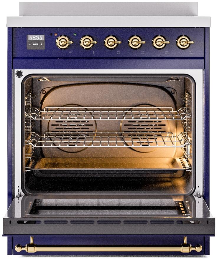 ILVE Nostalgie II 30-Inch Freestanding Electric Induction Range in Midnight Blue with Brass Trim (UPI304NMPMBG)