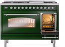 ILVE Nostalgie II 48-Inch Dual Fuel Freestanding Range with Removable Griddle in Emerald Green with Chrome Trim (UP48FNMPEGC)