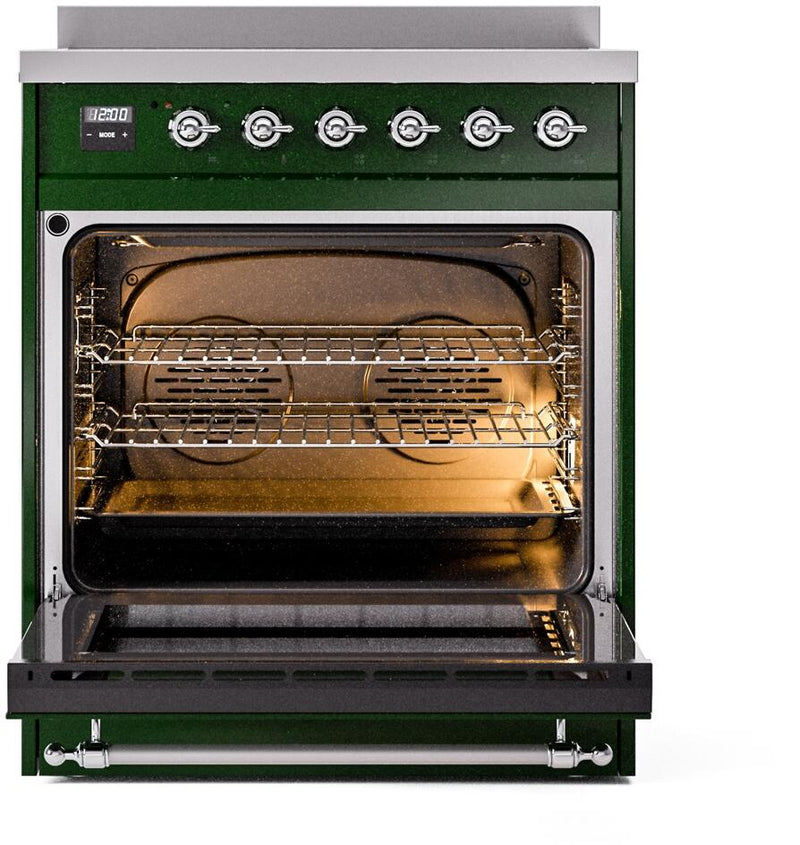 ILVE Nostalgie II 30-Inch Freestanding Electric Induction Range in Emerald Green with Chrome Trim (UPI304NMPEGC)