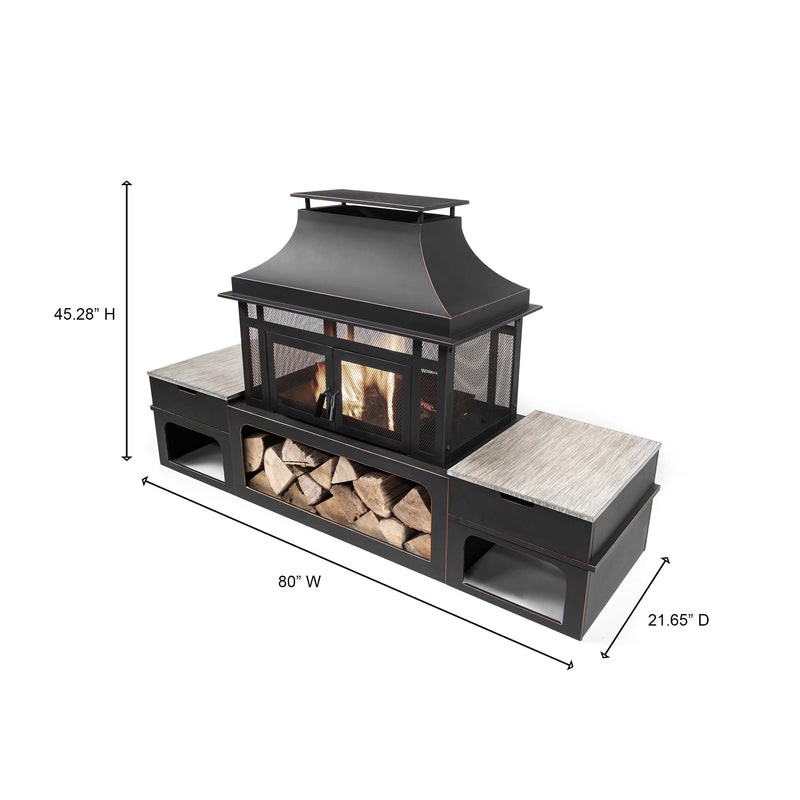 Deko Living Rimasco 80-Inch Metal Wood Burner Fireplace with Side Storage Tables (COB10504)