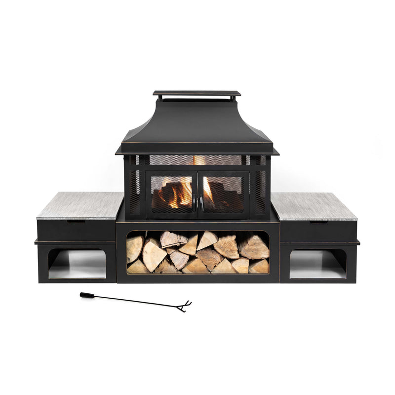 Deko Living Rimasco 80-Inch Metal Wood Burner Fireplace with Side Storage Tables (COB10504)