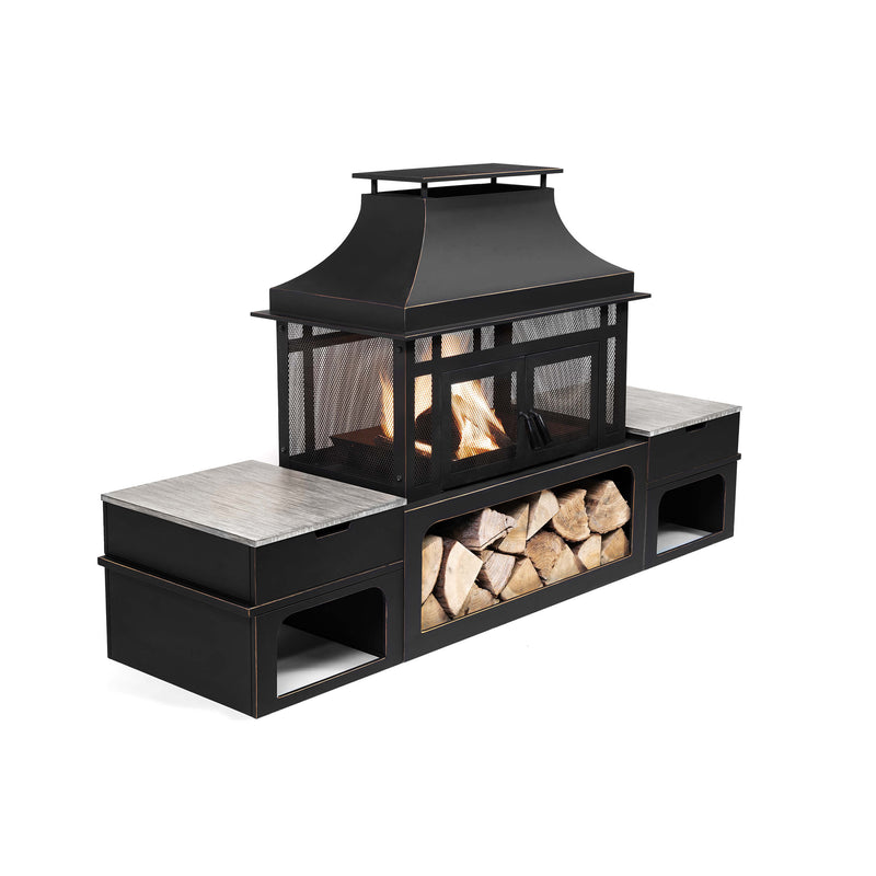 Deko Living Rimasco 80-Inch Metal Wood Burner Fireplace with Side Storage Tables (COB10504)