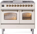 ILVE Nostalgie II 40-Inch Dual Fuel Freestanding Range with Removable Griddle in Antique White with Bronze Trim (UPD40FNMPAWB)