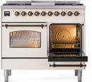 ILVE Nostalgie II 40-Inch Dual Fuel Freestanding Range with Removable Griddle in Antique White with Bronze Trim (UPD40FNMPAWB)