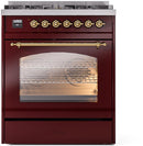 ILVE Nostalgie II 30-Inch Dual Fuel Freestanding Range in Burgundy with Brass Trim (UP30NMPBUG)