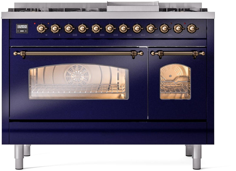 ILVE Nostalgie II 48-Inch Dual Fuel Freestanding Range with Removable Griddle in Midnight Blue with Bronze Trim (UP48FNMPMBB)