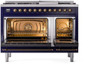 ILVE Nostalgie II 48-Inch Dual Fuel Freestanding Range with Removable Griddle in Midnight Blue with Bronze Trim (UP48FNMPMBB)