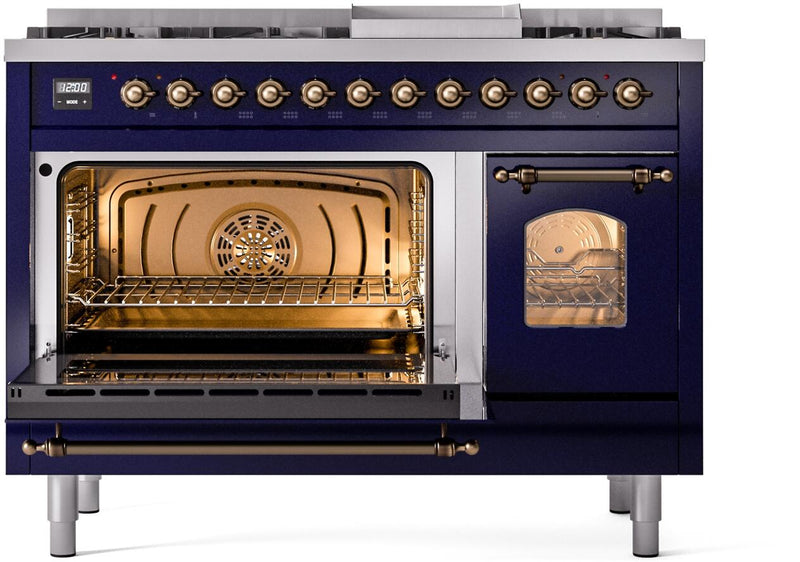 ILVE Nostalgie II 48-Inch Dual Fuel Freestanding Range with Removable Griddle in Midnight Blue with Bronze Trim (UP48FNMPMBB)