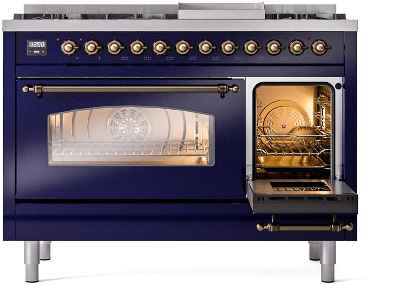 ILVE Nostalgie II 48-Inch Dual Fuel Freestanding Range with Removable Griddle in Midnight Blue with Bronze Trim (UP48FNMPMBB)