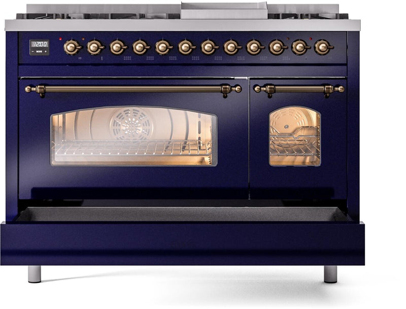 ILVE Nostalgie II 48-Inch Dual Fuel Freestanding Range with Removable Griddle in Midnight Blue with Bronze Trim (UP48FNMPMBB)