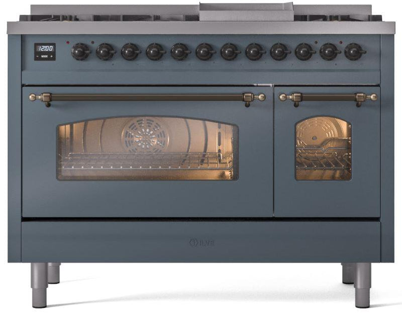 ILVE Nostalgie II 48-Inch Dual Fuel Freestanding Range with Removable Griddle in Blue Grey with Bronze Trim (UP48FNMPBGB)