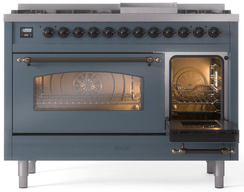 ILVE Nostalgie II 48-Inch Dual Fuel Freestanding Range with Removable Griddle in Blue Grey with Bronze Trim (UP48FNMPBGB)