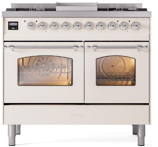 ILVE Nostalgie II 40-Inch Dual Fuel Freestanding Range  with Removable Griddle in Antique White with Chrome Trim (UPD40FNMPAWC)