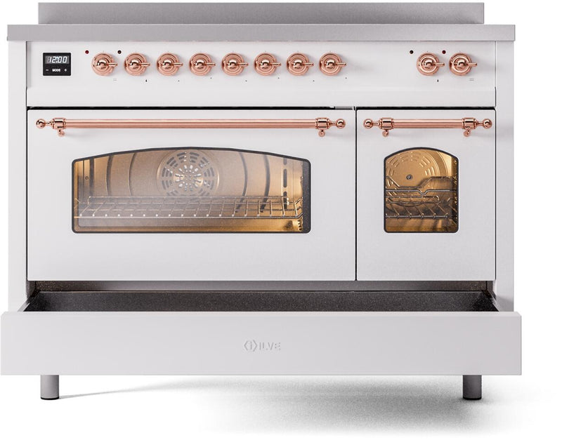 ILVE Nostalgie II 48-Inch Freestanding Electric Induction Range in White with Copper Trim (UPI486NMPWHP)